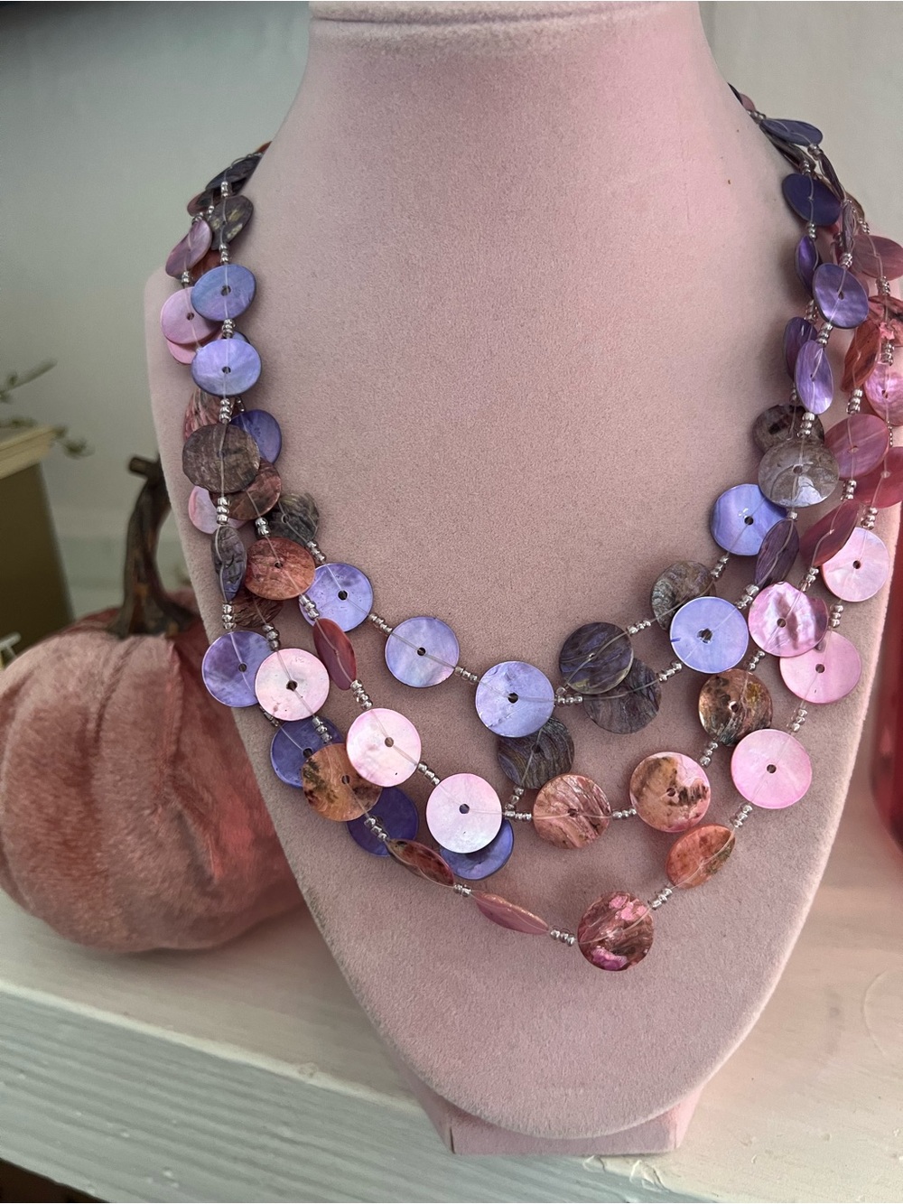 Multistrand Pink & Purple Shell Disk Necklace by